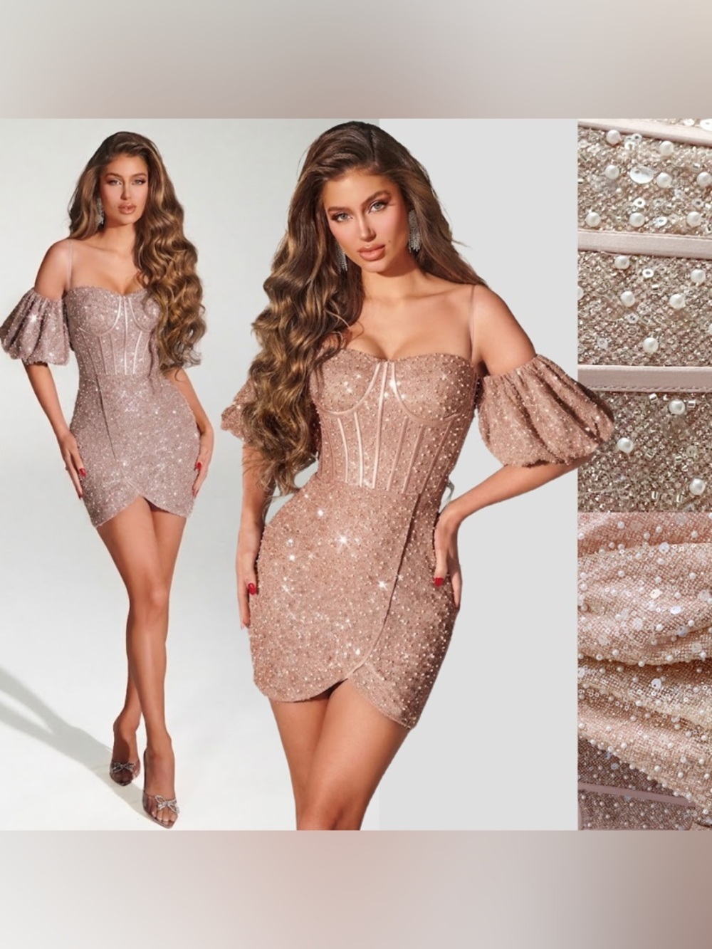 Portia and Scarlett Pink Beige Puff Sleeves Sequin Pearl Formal Dress Corset 8
